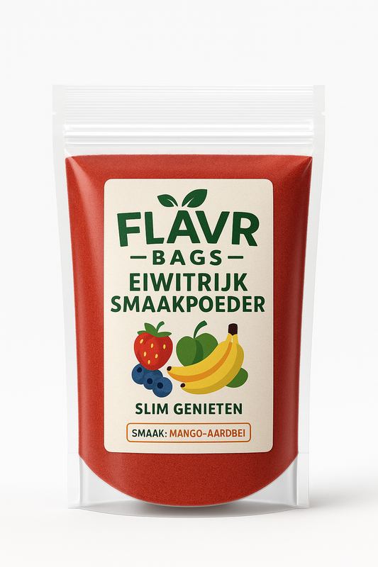 foto van eiwitrijk smaakpoeder mango aardbei